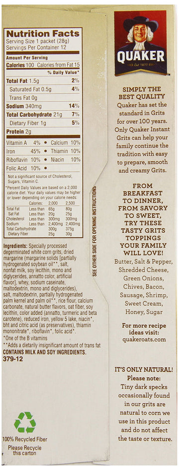 Quaker Instant Grits, Butter, 12 Ounce