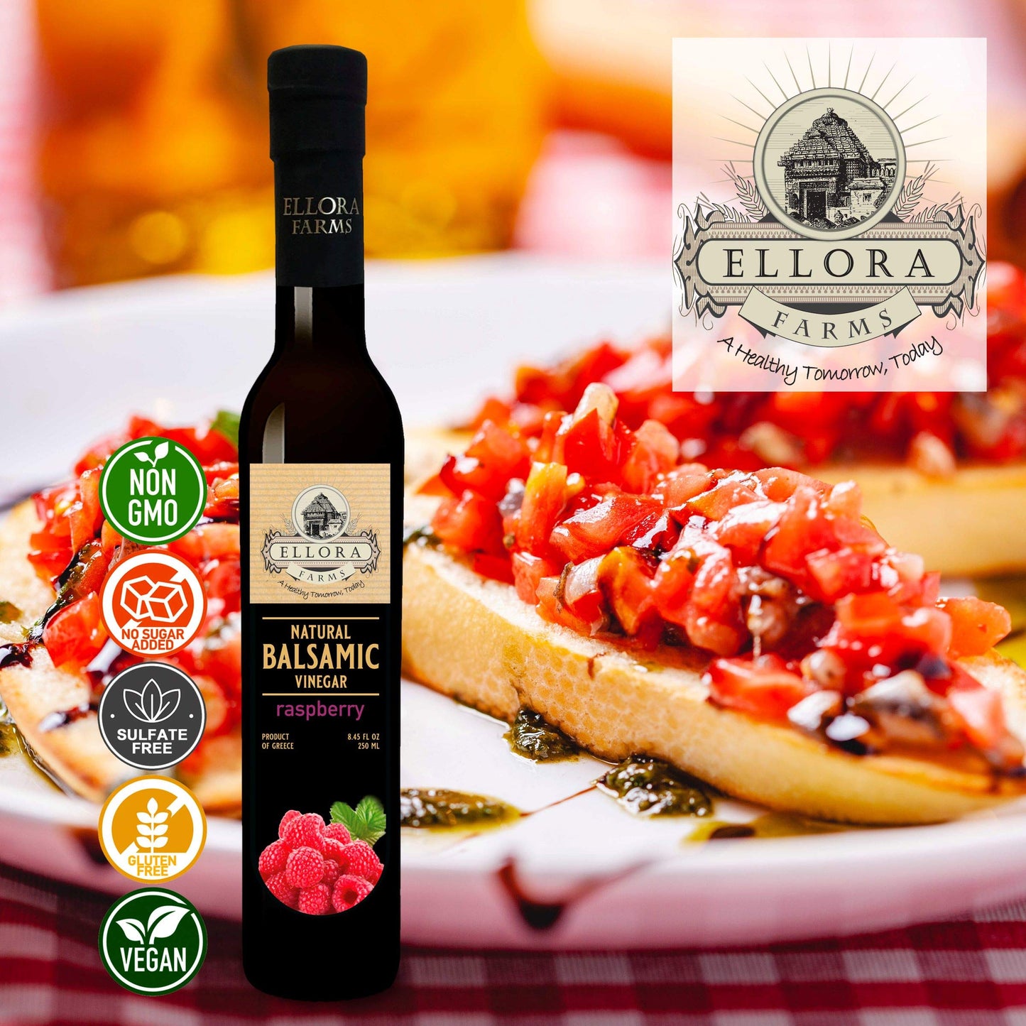 Ellora Farms, Fresh Raspberry Infused Thick Balsamic Vinegar, No-Additives, No Added Sugars, No-Preservatives, Glass Bottle, 8.4