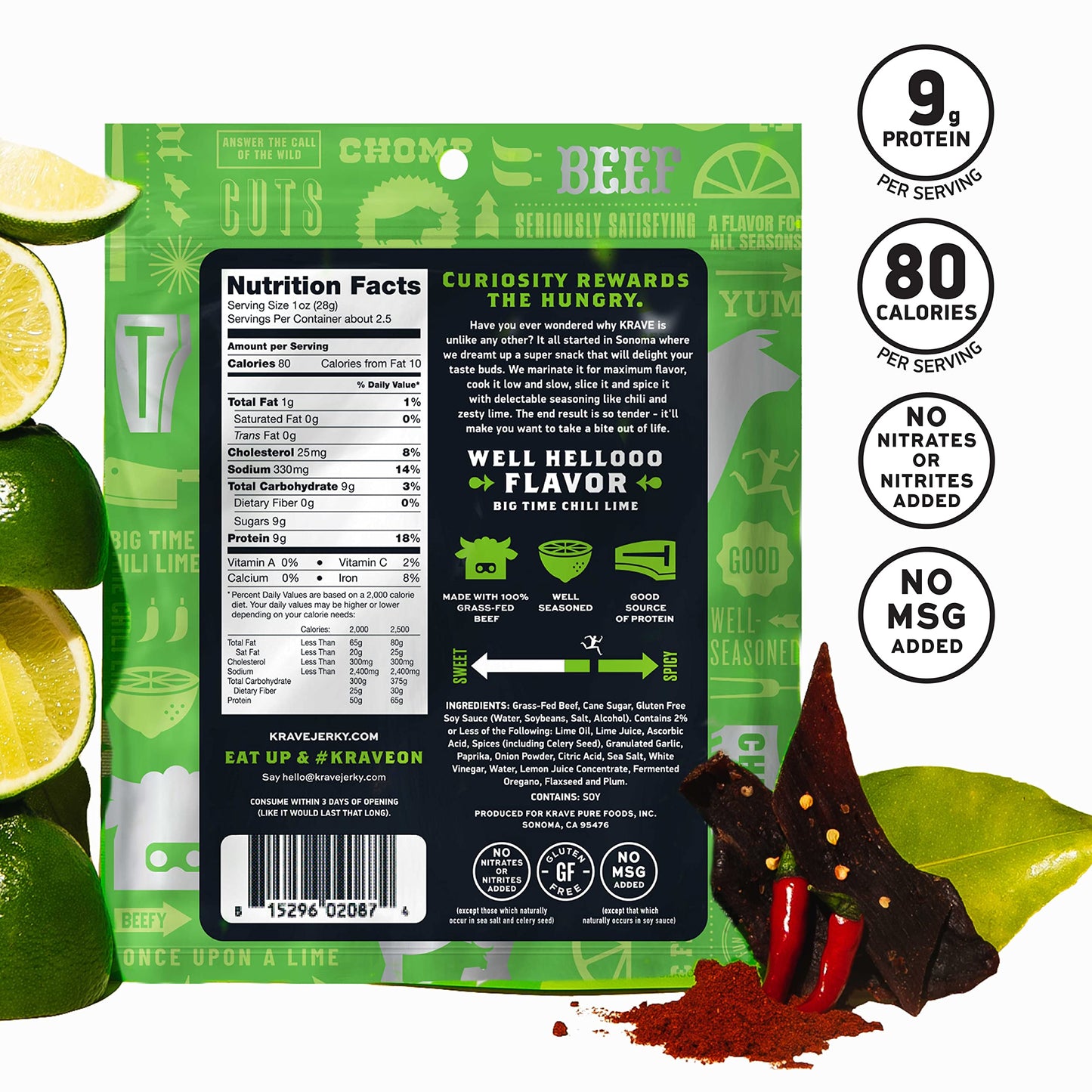 Krave Chili Lime Beef Jerky 8 Pack | Premium Chef Crafted Meat Cuts With Unique Flavors And No Msg | High Protein, Gluten Free | Pack Of 8 2.7Oz Bags