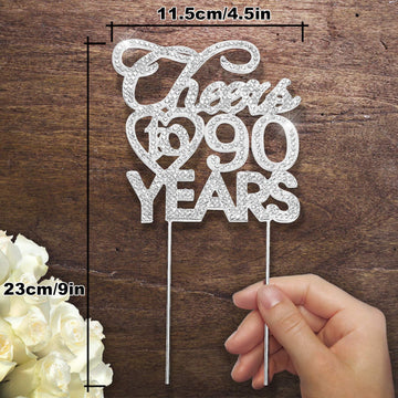 Bling Crystal Cheers To 90 Years Cake Topper - Best Keepsake 90Th Birthday Or Anniversary Decor Party Decorations Silver