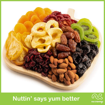NUT CRAVINGS Gourmet Collection - Rosh Hashana & Shana Tova Dried Fruit & Mixed Nuts Gift Basket in Wooden Apple-Shaped Tray (9