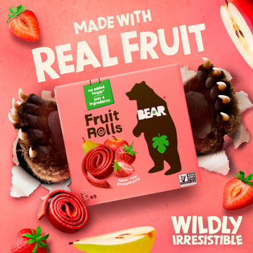 BEAR Real Fruit Snack Rolls, Strawberry & Raspberry Variety Pack - 16 Count - Gluten Free, Vegan, and Non-GMO - Healthy School A