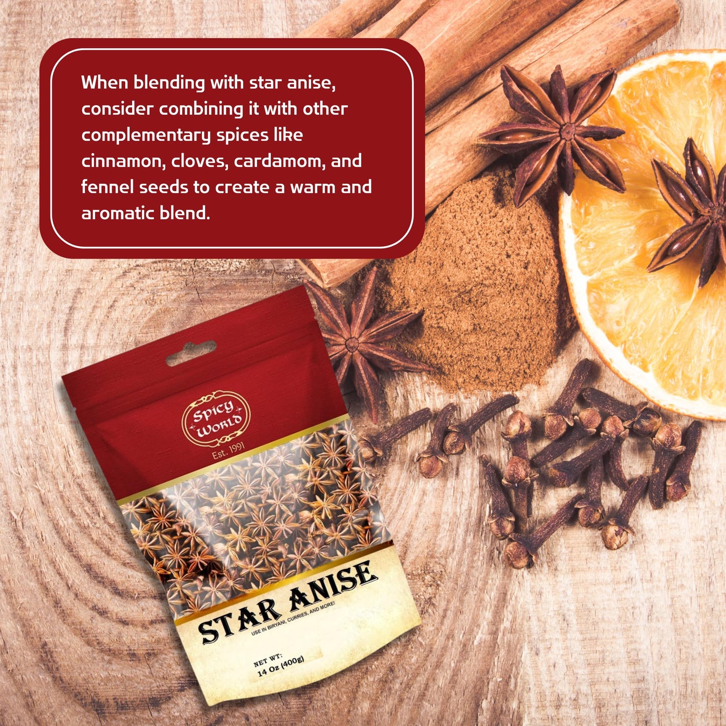 Spicy World Star Anise 14 Oz Bulk Bag | Premium Quality Whole Pods | Chinese Star Anise Pods - Perfect For Flavorful Dishes | Great For Baking & Tea