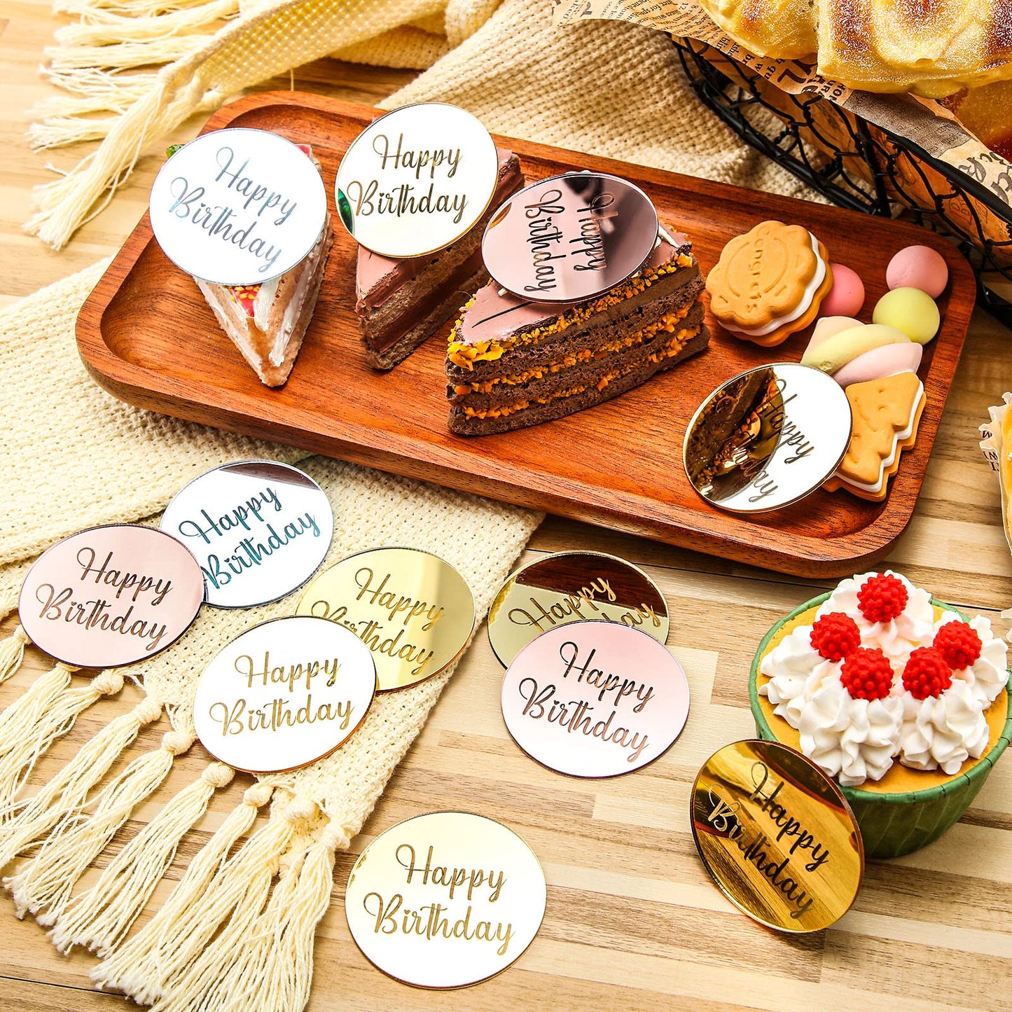 30 Pcs Acrylic Cupcake Toppers Happy Birthday Cake Disc Mirror Acrylic Cake Topper Engraved Personalized Cake Topper Mini Acryli