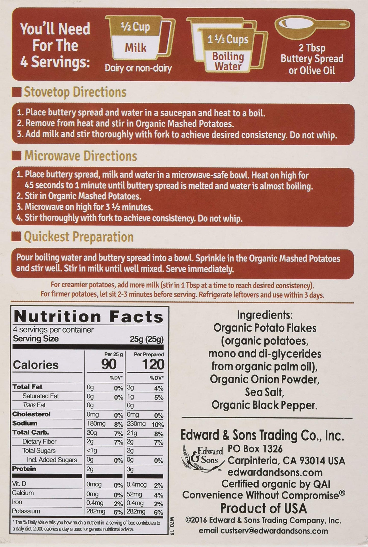 Edward & Sons Organic Homestyle Mashed Potatoes, 3.5 oz