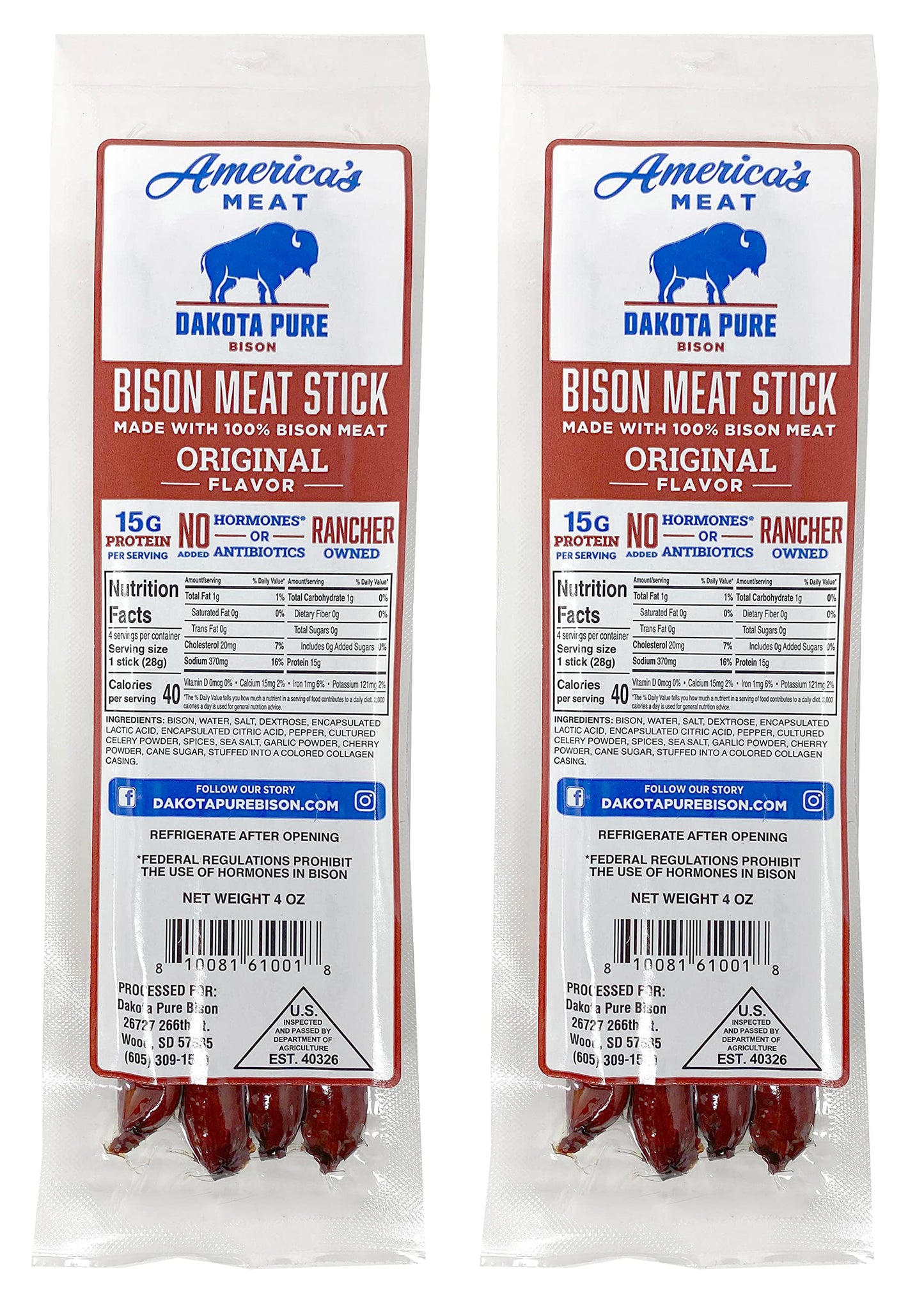 Dakota Pure Bison Meat Stick Pack Of 2 (8 Meat Sticks) Original Bison Jerky Sticks - Hormone And Antibiotic Free, 2 Pack