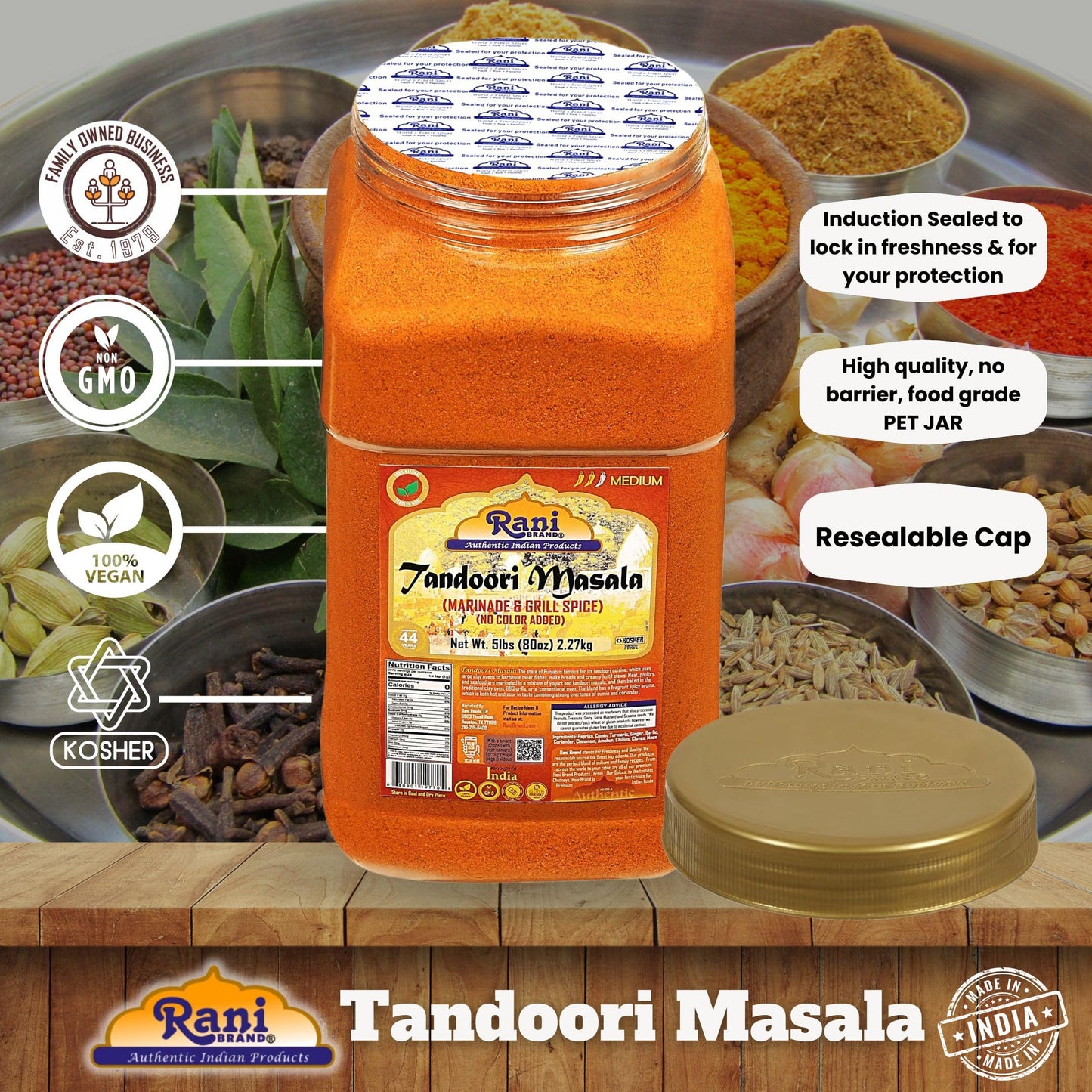 Rani Tandoori Masala (Natural, No Colors Added) Indian 11-Spice Blend 80Oz (5Lbs) 2.27Kg Bulk Pet Jar ~ Salt Free | Vegan | Glut