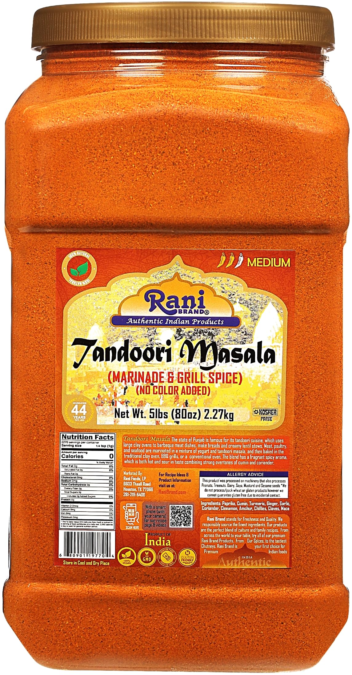 Rani Tandoori Masala (Natural, No Colors Added) Indian 11-Spice Blend 80oz (5lbs) 2.27kg Bulk PET Jar ~ Salt Free | Vegan | Glut