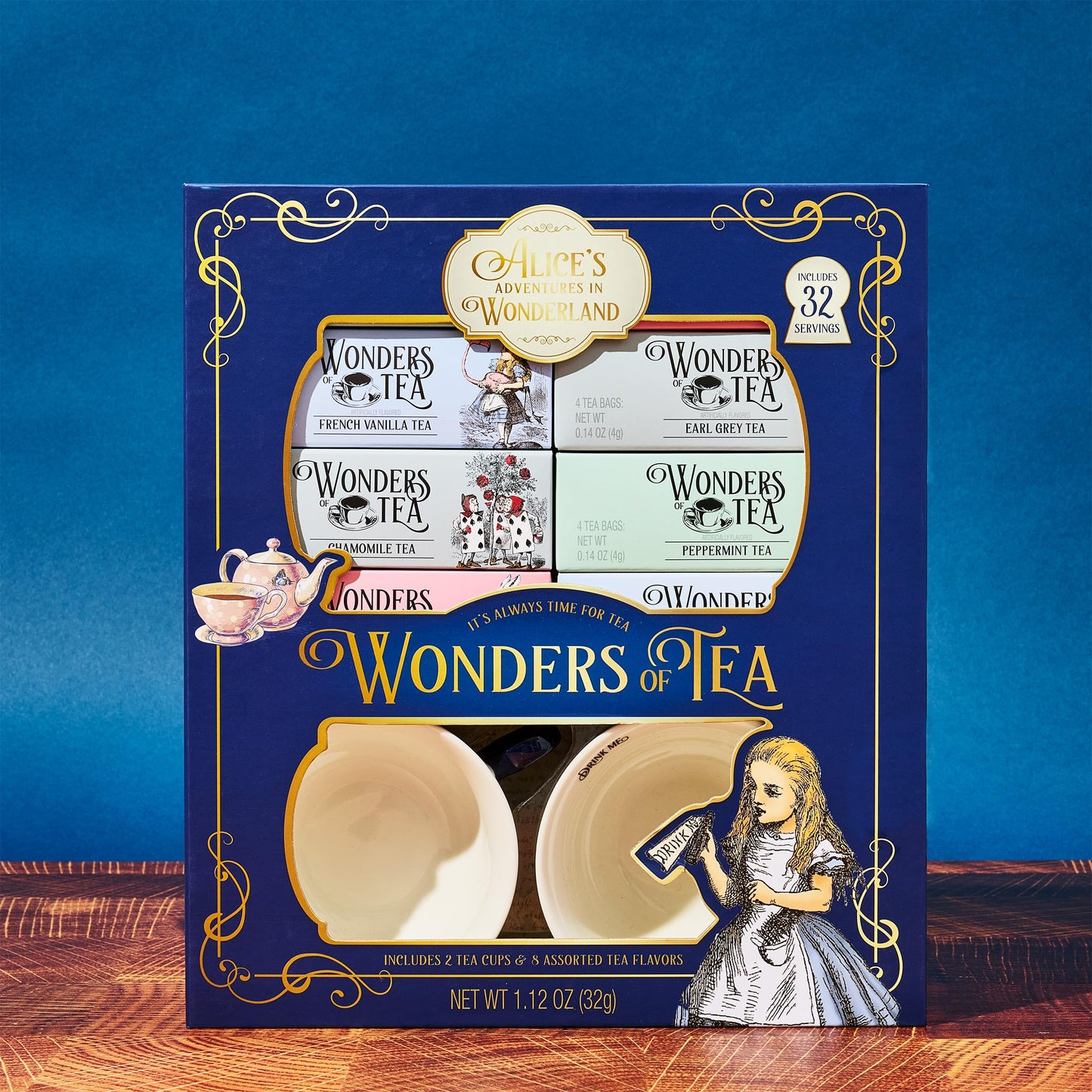 Alice’S Adventures In Wonderland Tea Assortment Gift Set, Includes 2 Ceramic Cups And 32 Tea Bags Of Herbal, Black, And Green Tea In Whimsical Book-Shaped Packaging, Set Of 34