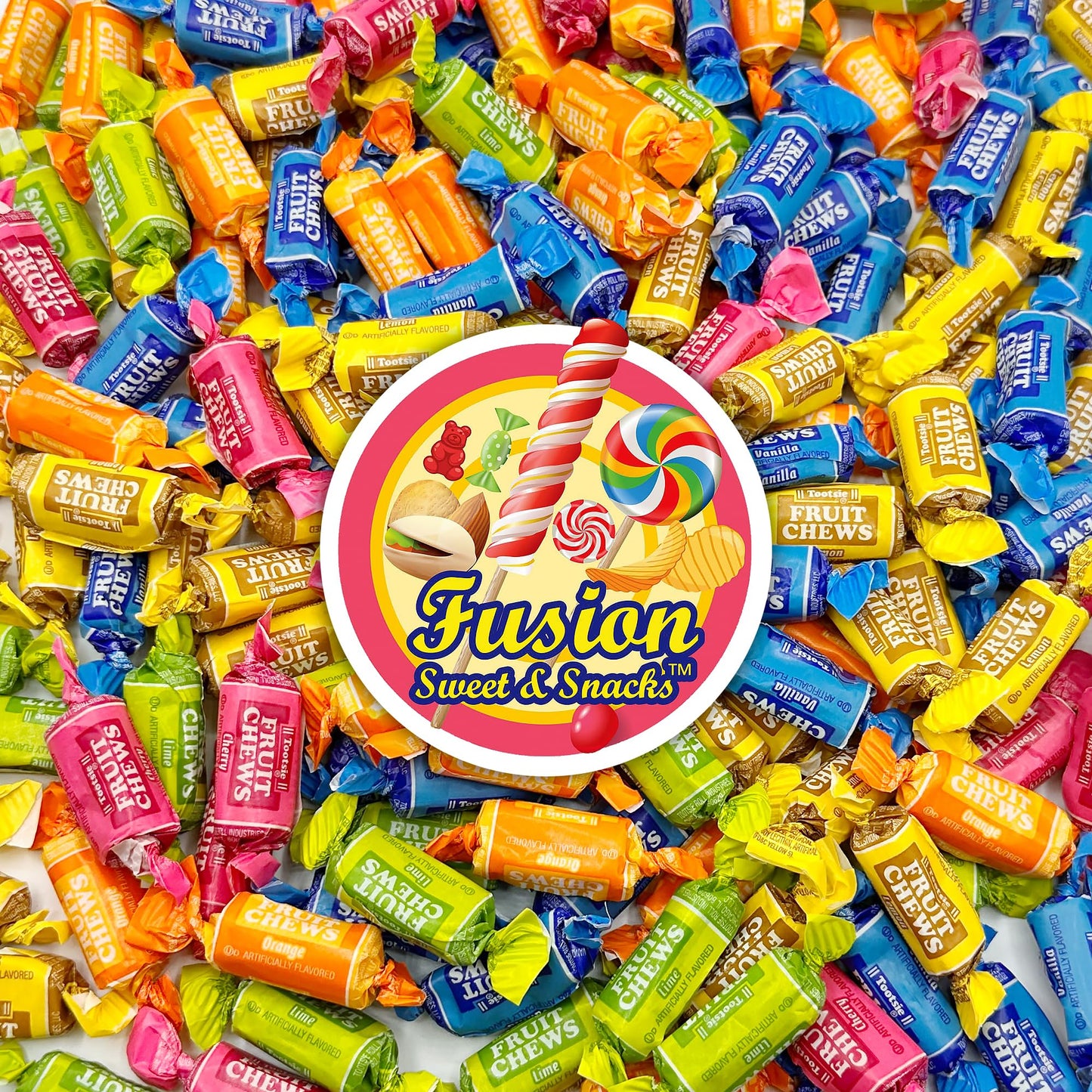 Fruit Chews Candy - 1 Pound Bulk Bag, Fruit Chews Rolls, 5 Assorted Flavors, Soft & Fruity Taffy Candy, Individually Wrapped Glu