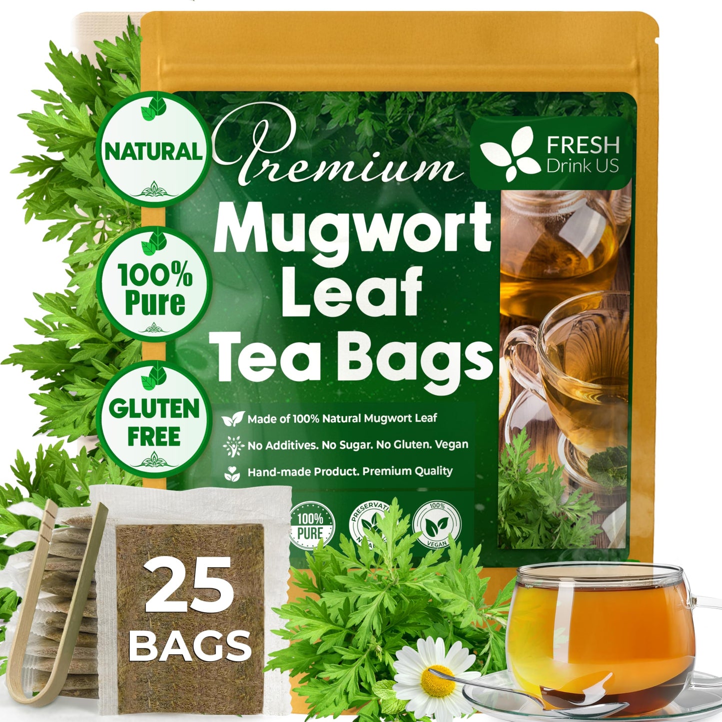 Freshdrinkus Top-Grade 25 Mugwort Leaf Tea Bags 100% Natural And Pure Mugwort Leaves. Loose Leaf Herbal Tea. No Sugar No Energy Blend No Gluten Vegan. (25 Tea Bags)