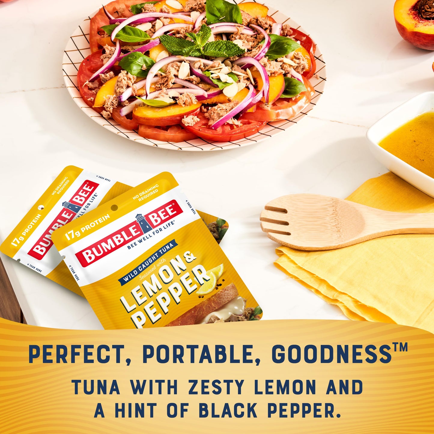 Bumble Bee Lemon & Pepper Seasoned Tuna, 2.5 oz Pouch - Ready to Eat - Wild Caught Tuna Packet - 17g Protein per Serving - Glute