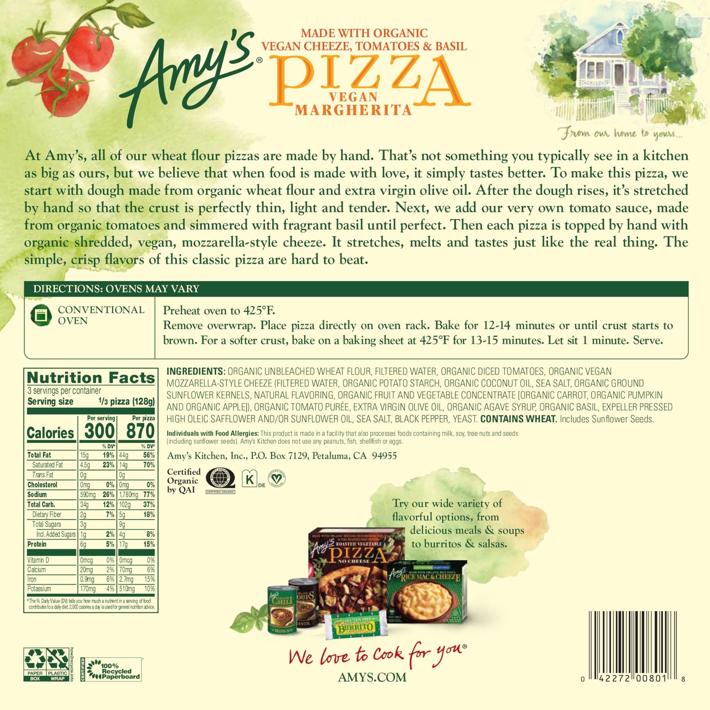 Amys Frozen Pizza, Vegan Margherita Pizza, Made With Organic Vegan Cheese, Tomatoes and Basil, Frozen Meals, 13.5 Oz