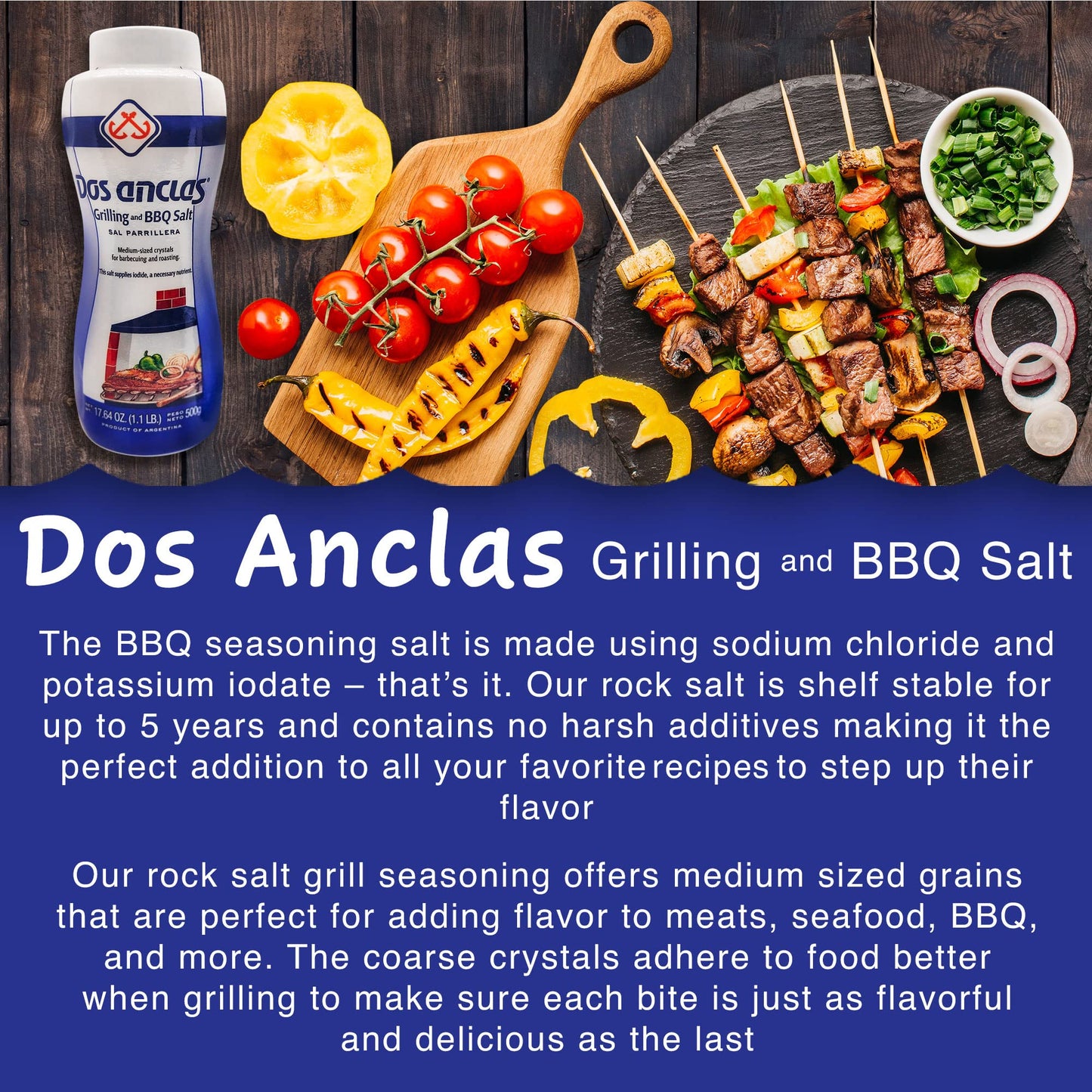 Dos Anclas Sal Parrillera, Rock Salt for Grilling and BBQ, Refined Medium Grain Salt for Meat and Seafood, Multi-Purpose Seasoni