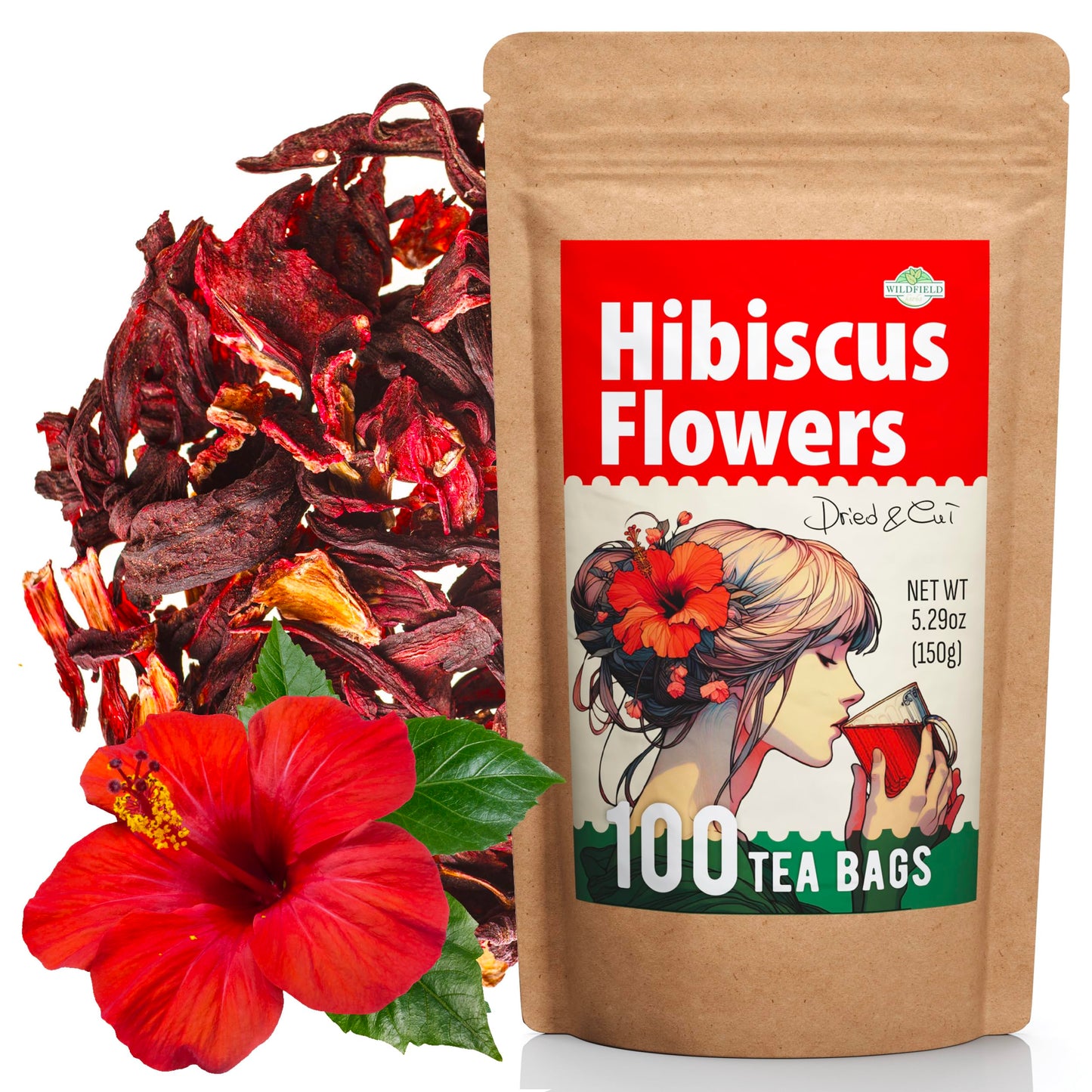 WILDFIELD HERBS Dried Hibiscus Flower Tea - 100 Tea Bags, 1.5g Each, Herbal Flor De Jamaica