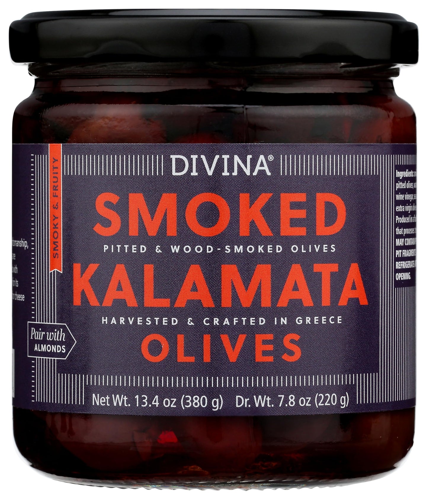Divina Smoked Kalamata Olives, 13.4 Ounce, Pitted, Mediterranean Flavor