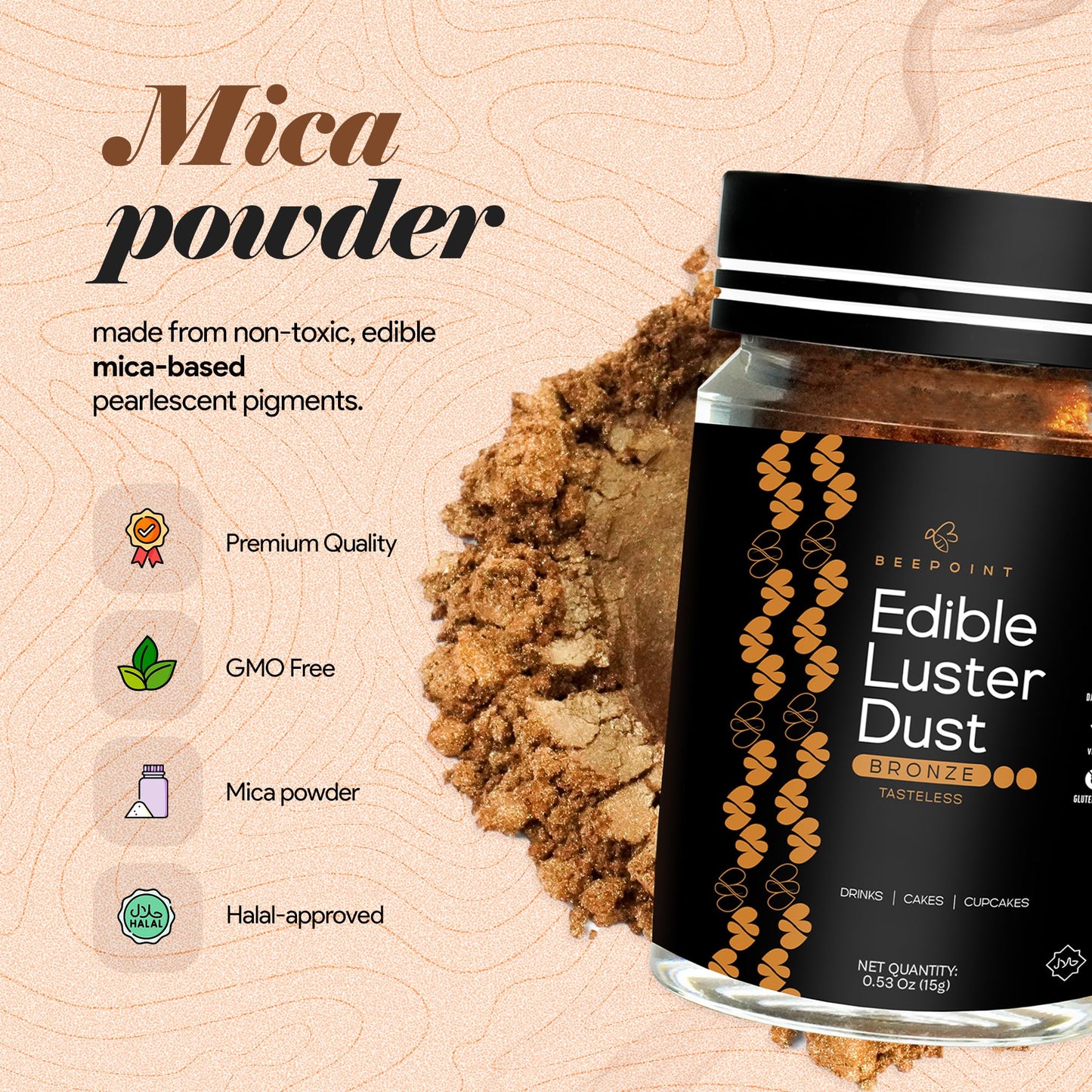 BeePoint Edible Glitter Luster Dust - Food Grade Shimmer Powder for Baking & Decorating - 15g - Bronze