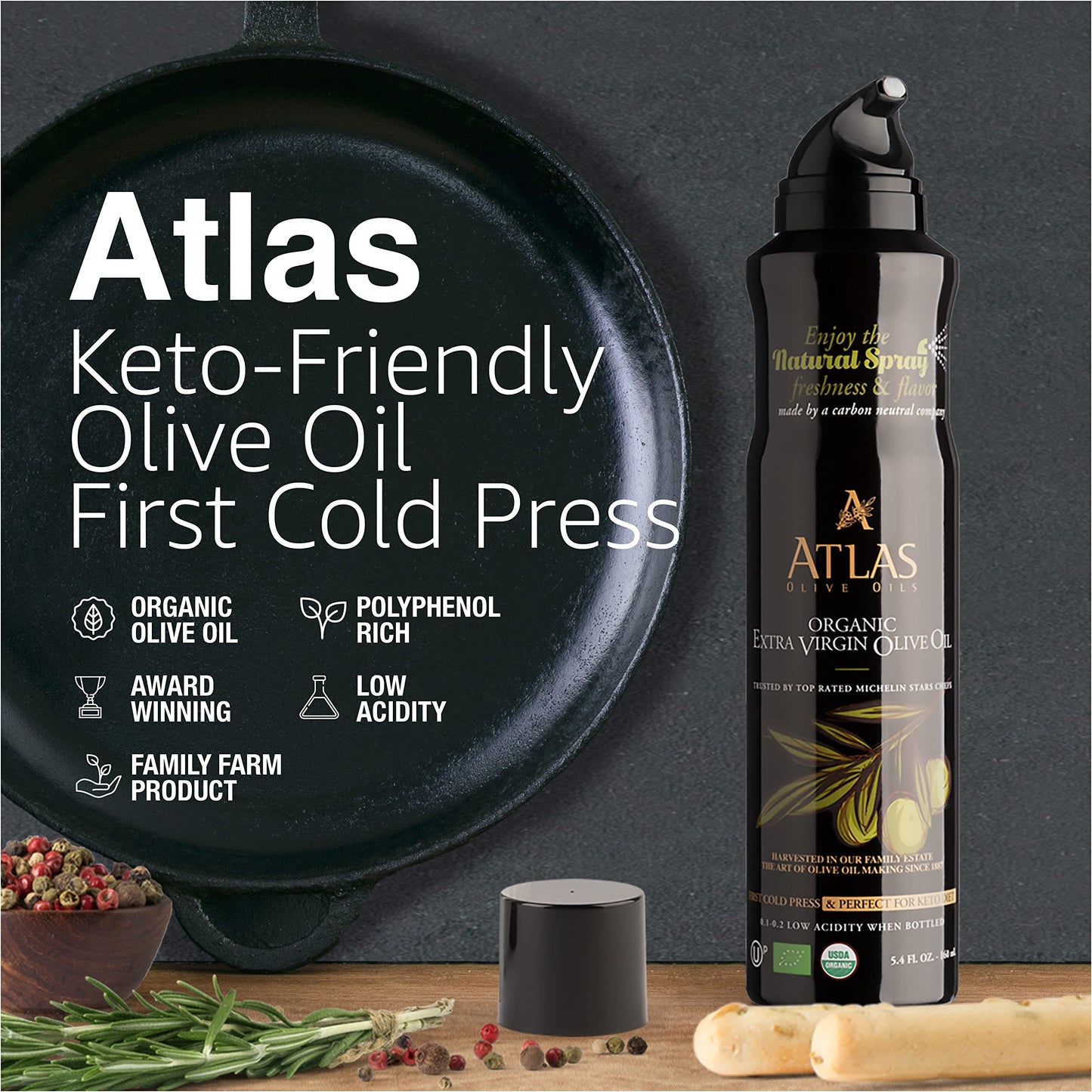 A ATLAS OLIVE OILS Organic Extra Virgin Olive Oil Spray, 5.4 fl oz, Cold Pressed, Polyphenol Rich, Non-Stick Cooking Spray