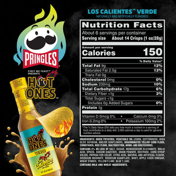 Pringles Hot Ones Los Calientes Potato Crisps Chips, Verde, Spicy Snacks, Hot Sauce Inspired, 5.5oz Can (1 Can)