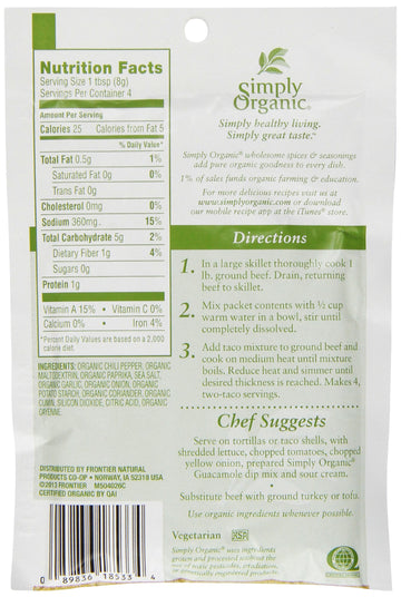 Simply Organic, Seasoning Mix Southwest Taco, 1.13 Oz