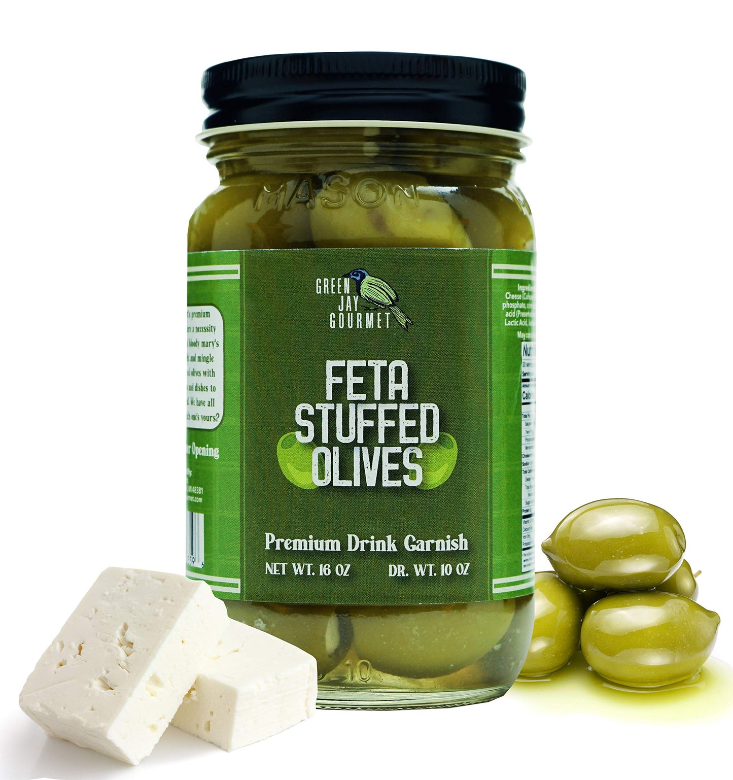 Green Jay Gourmet Feta Cheese Stuffed Olives - Cheese Stuffed Green Olives For Mixed Flavor Garnish & Cheese Board - Dirty Beverage-Style Olives - Gourmet Olives - All Natural - Large - 16 Ounces