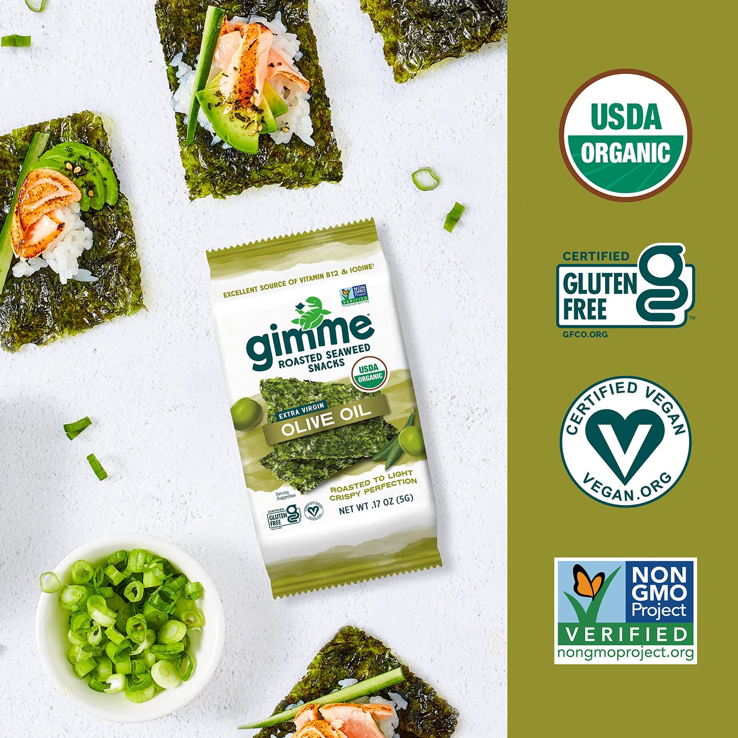 Gimme Seaweed - Extra Virgin Olive Oil - 20 Count - Organic Roasted Seaweed Sheets - Keto, Vegan, Gluten Free - Great Source Of