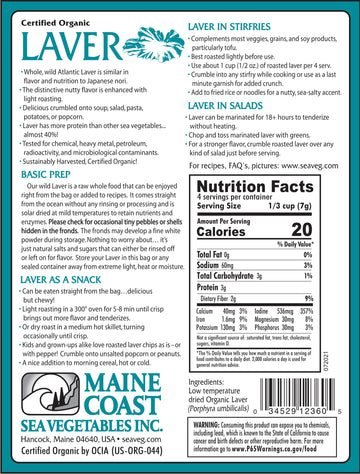 Maine Coast Sea Vegetables - Laver Whole Leaf Seaweed - 1 Oz Bag - Wild Atlantic Nori - Organic