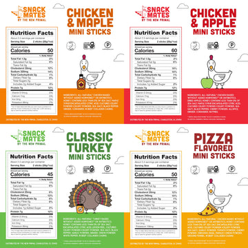 Snack Mates by New Primal Sampler Four Flavor Pack, Mini Meat Sticks, High Protein and Low Sugar Kids Snack, Gluten Free, Soy Fr