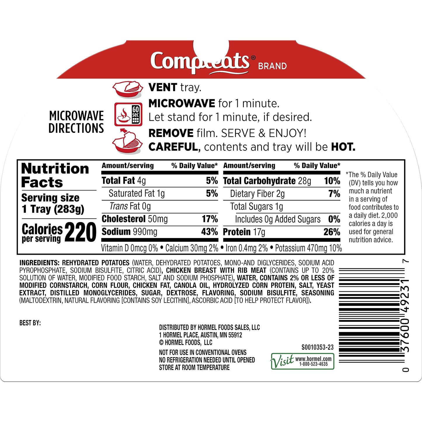 Hormel Compleats Chicken Breast & Mashed Potatoes With Gravy Microwave Tray, 10 Oz (Pack Of 6)