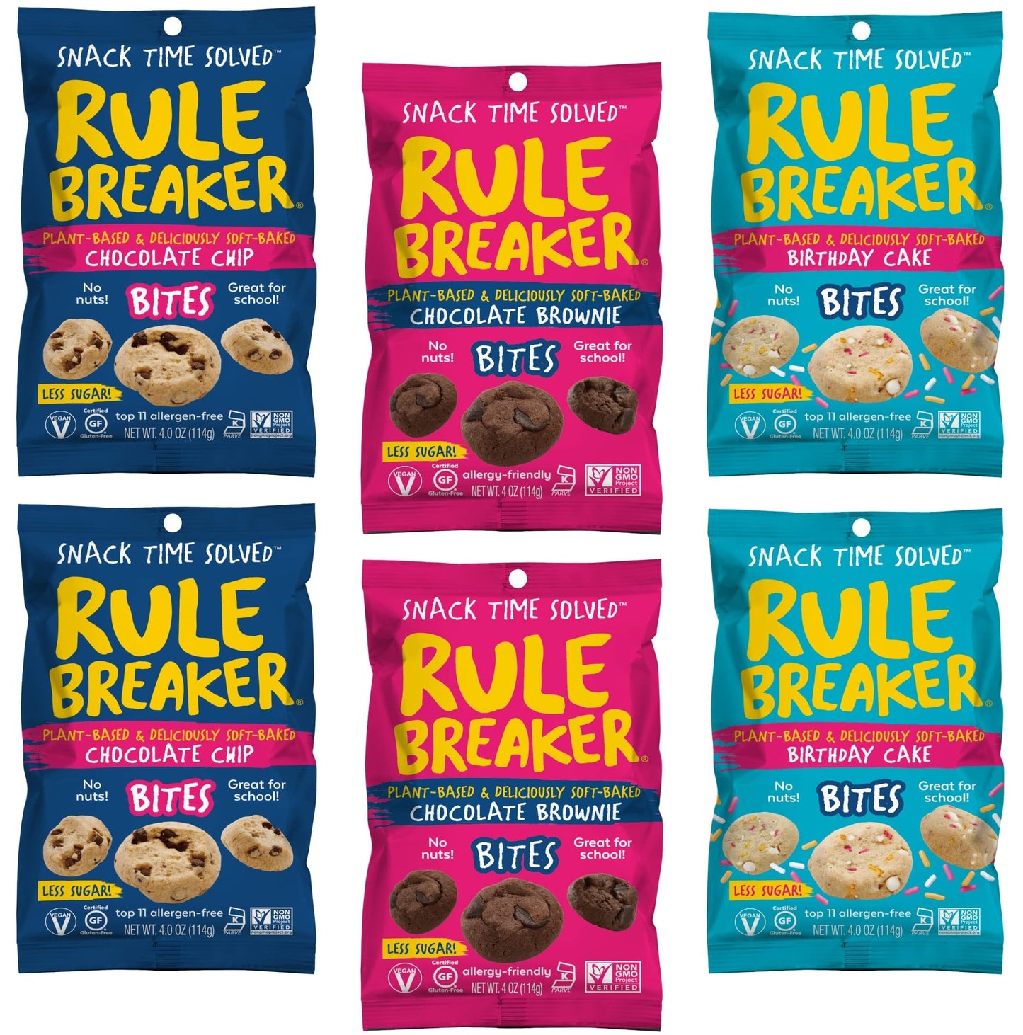 Rule Breaker Vegan & Gluten Free Cookies | Variety Pack Brownie Chocolate Chip & Birthday Cake | Plant-Based Top 11 Allergen-Free | Soft-Baked Playter-For-You Snacks For School Office & Home (Pack Of 6)