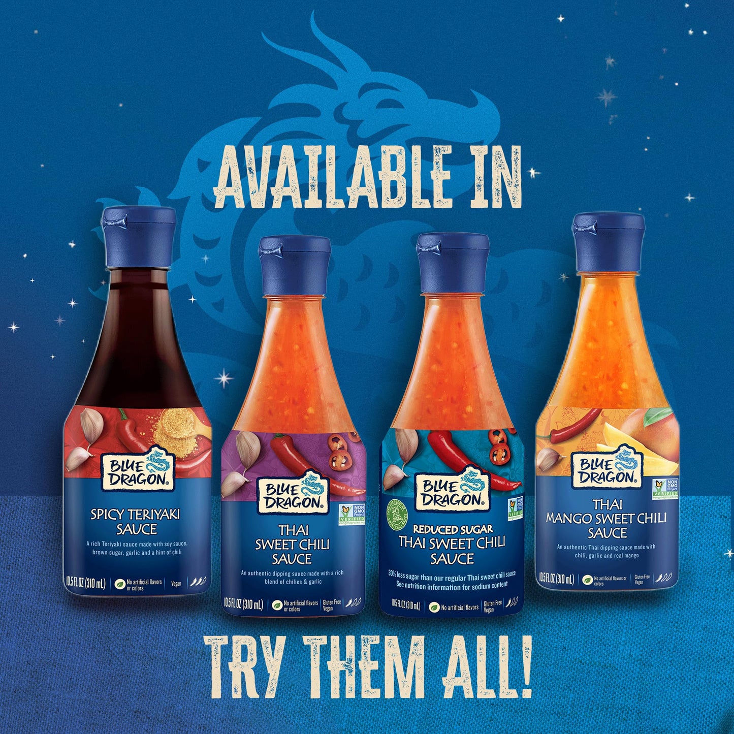 Blue Dragon Spicy Teriyaki Sauce, 10.5 Oz (Pack of 6), Dipping Sauce, Marinade, Squeezy Bottle, Vegan