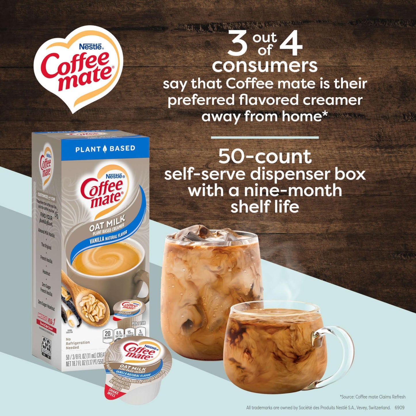 Nestle Coffee Mate Coffee Creamer, Oat Milk, Vanilla Natural Flavor, Liquid Creamer Singles, Plant-Based, Non Dairy, No Refrigeration, 0.375 Fl Oz Tubs (Pack Of 200)