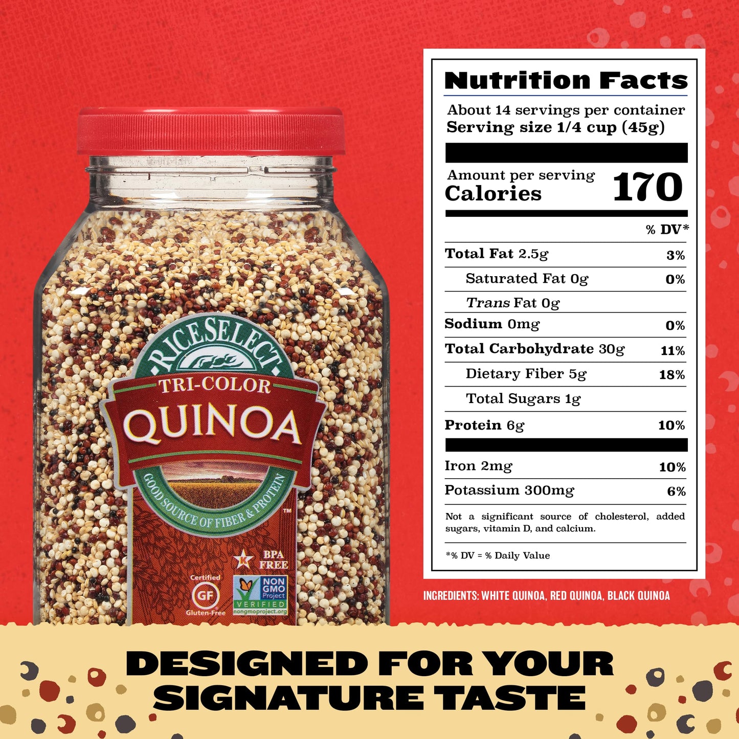 Riceselect Tri-Color Quinoa, Premium Gluten-Free Seed, Star-K Kosher, And Non-Gmo Quinoa, 22-Ounce Jar