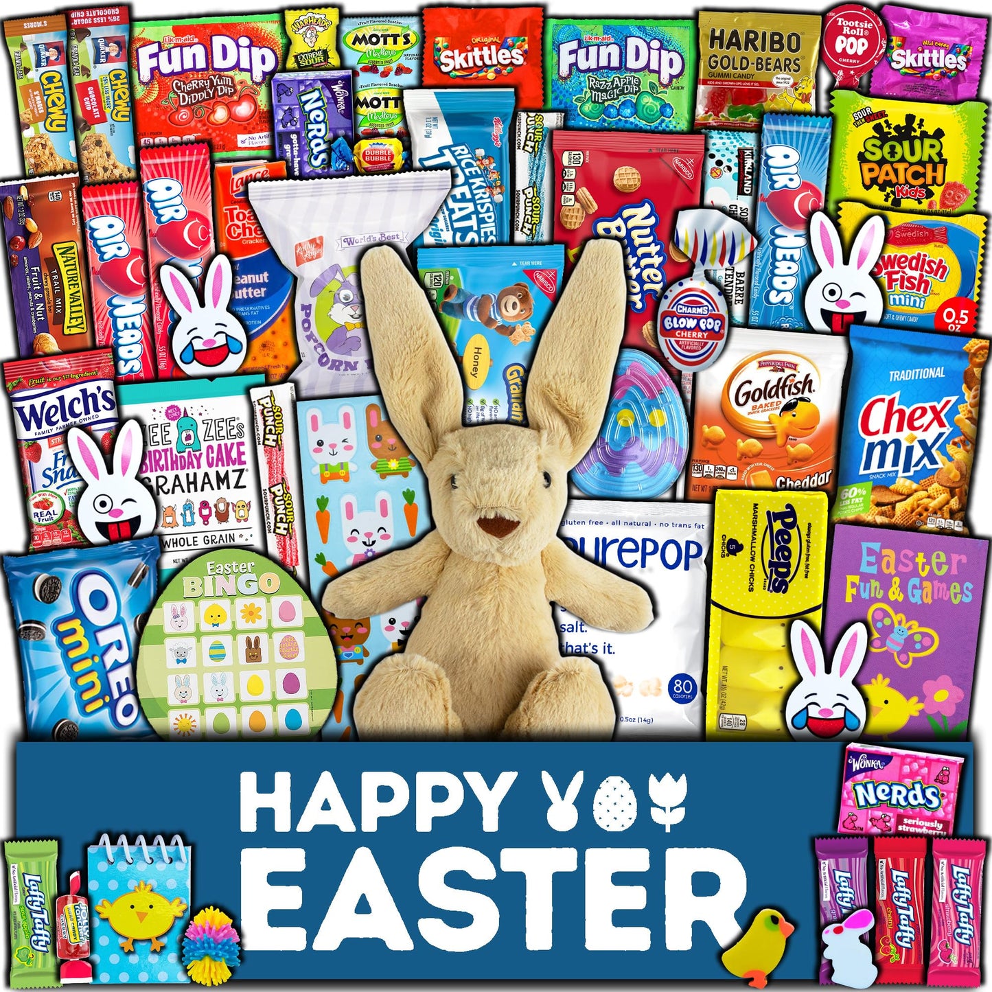 Easter Care Package (50ct) - Candy Snacks Treats Plush Bunny Chocolate Cookies Gift Box Bundle Basket Fillers Stuffers Present K
