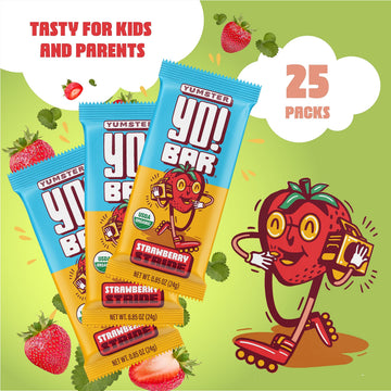 Yo! Bar By Bearded Brothers Vegan Organic Kids Bar, Strawberry (25 Bars) - Gluten Free, Paleo And Whole 30 | Soy Free, Non-Gmo, Low Glycemic, No Sugar Added, Fiber + Whole Foods