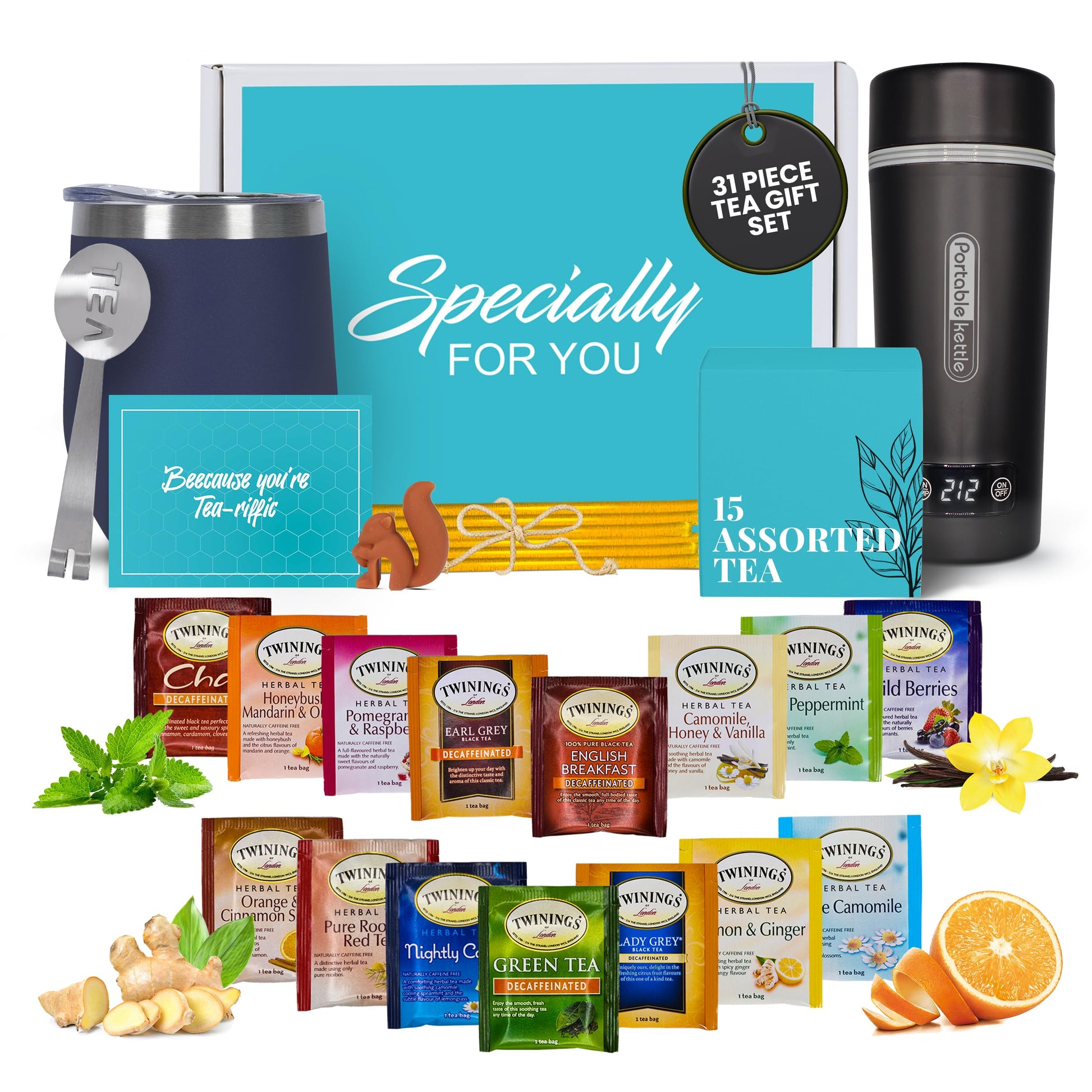 Modern Elegance Tea Set with Portable Kettle - 31-Piece Collection Featuring an Insulated Mug, Decaf Teas, Honey Sticks & Access