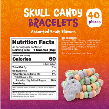 Skull Candy Bracelets - 21 Ounce Bag (40 Count) - Candy Bracelets Individually Wrapped - Fun Candies for Goodie Bags and Classroom Rewards - Party Favors by Funtasty