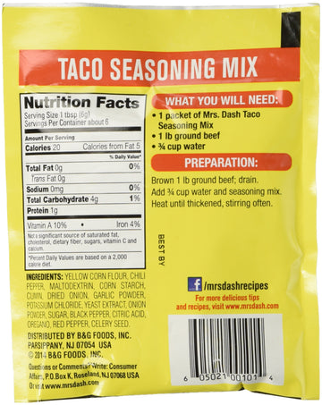 Mrs Dash Salt Free Taco Seasoning Mix (1.25 Oz Packets) 4 Pack