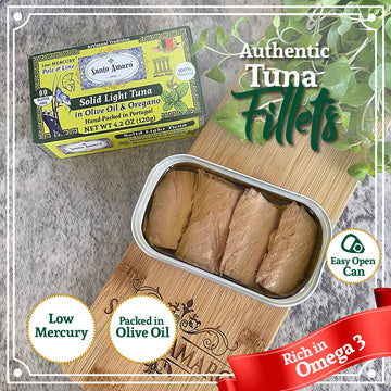 Santo Amaro Artisanal Wild Tuna Fillets in Olive Oil & Oregano, 4.2 oz (Pack of 3), Pole & Line Caught, 22g Protein, Keto