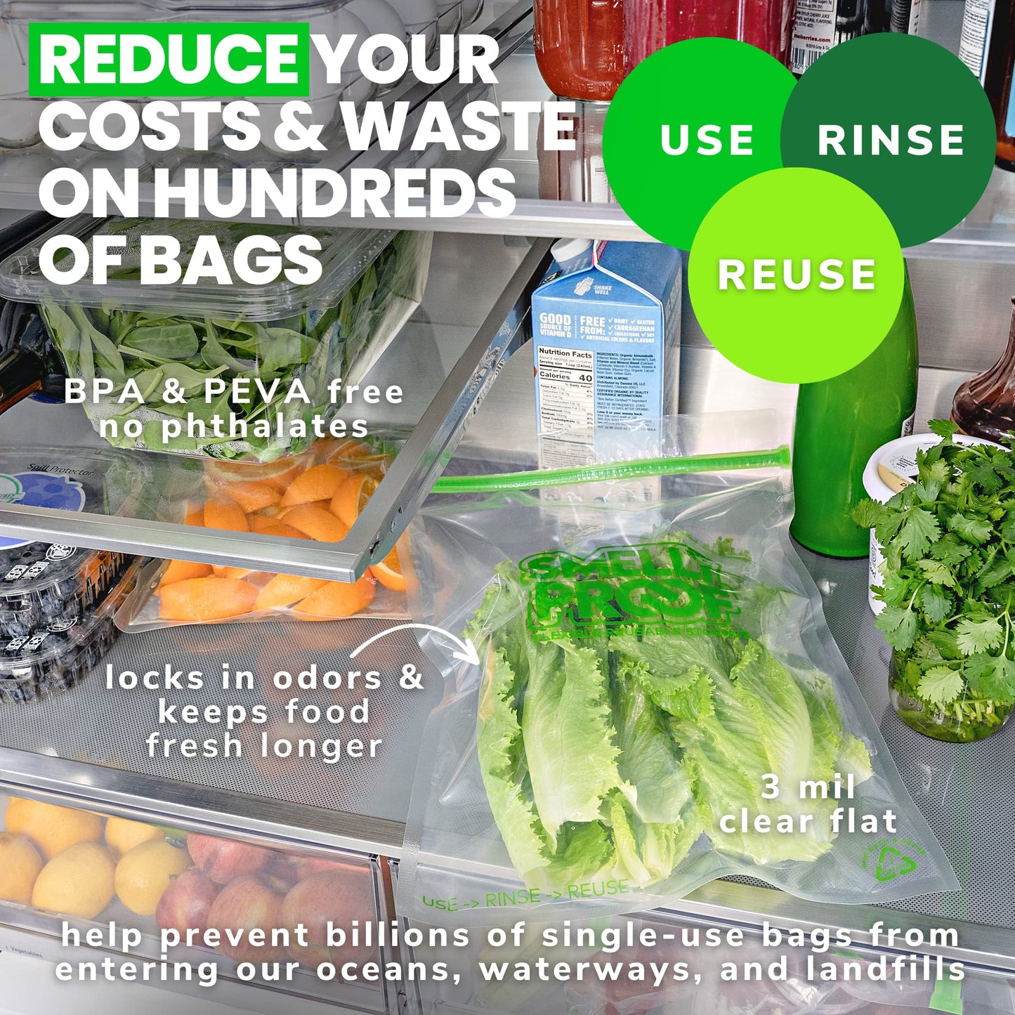 Reusable Freezer Bags For Food Storage By Smelly Proof - Made In Usa, Easy Clean, Dishwasher-Safe, Peva & Bpa Free, Xxl 3-Mil Th