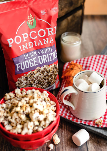 Popcorn Indiana Black & White Fudge Drizzle Chocolate Popcorn (6 oz Bags - 6 Pack) Pre-Popped Popcorn Made with Real Cocoa, Glut