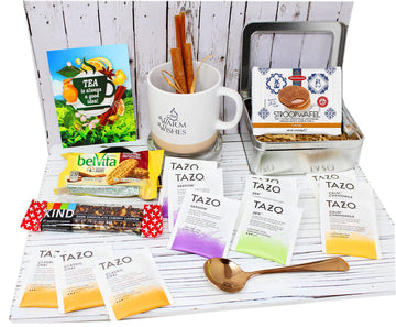 Zelica Tea Lovers Gift Basket with Tazo Tea Bags, Mug, Cookies, Honey, Cinnamon - 1 Count