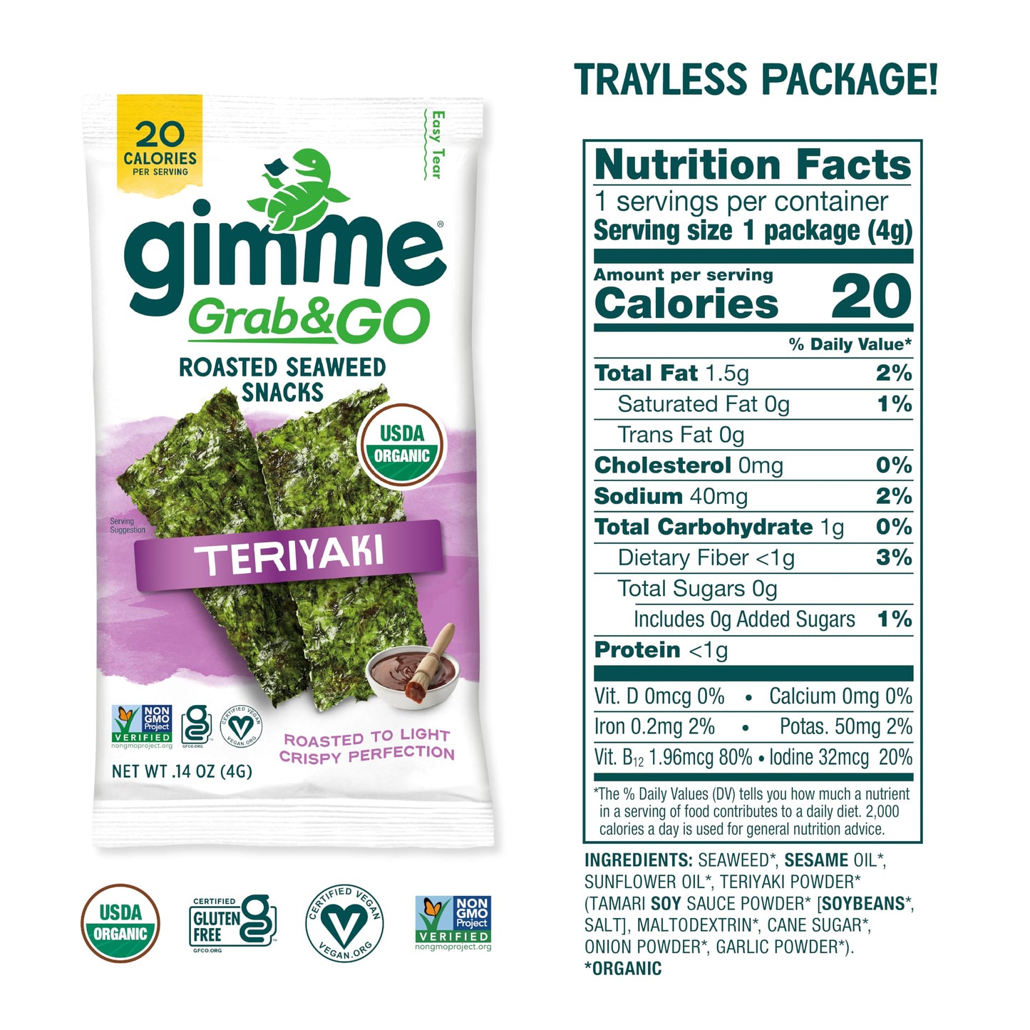 gimMe Organic Roasted Sea Snacks, Teriyaki, Keto, Vegan, Gluten-Free, 5 Count