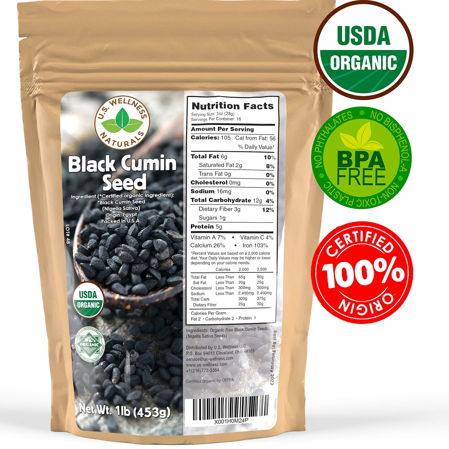Black Cumin Seed 1lb (16Oz) (Nigella Sativa): 100% USDA Certified ORGANIC Bulk Egyptian Black Caraway - AKA Kalonji, by U.S. Wel