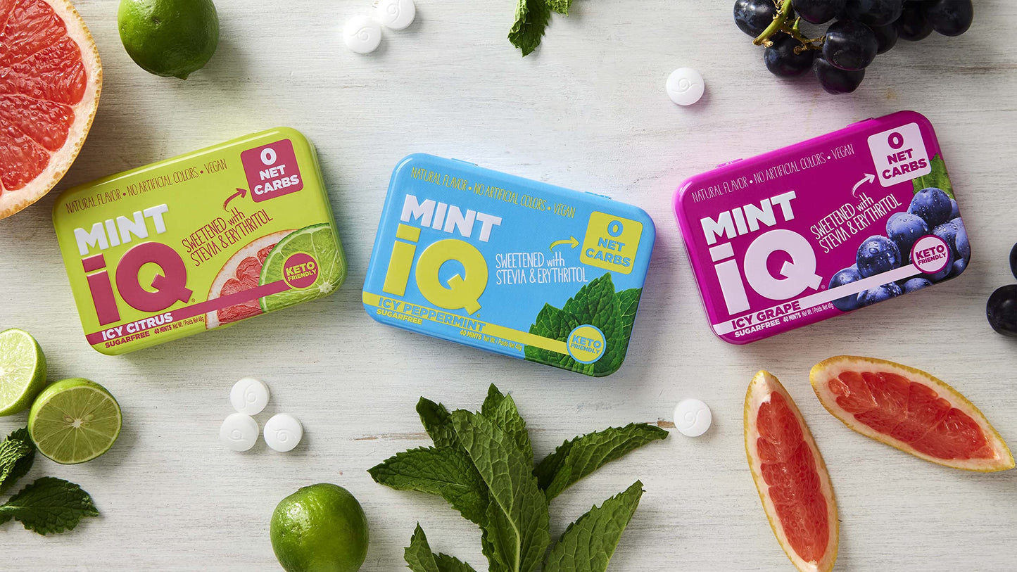 Big Sky Mint Iq Icy Peppermint Mint Candy 40 Grams Pack Of 6 Tins In Display Tray - Travel Size Mint Candies Tin - Keto Friendly