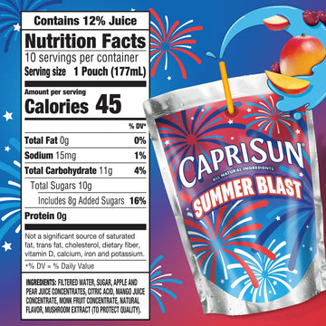 Capri Sun Summer Blast Passion Fruit Mango flavored Juice Drink Blend from concentrate with other natural flavor 10 ct Box 6 fl oz Pouches