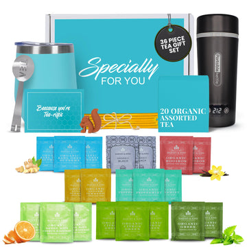 Mothers Day Gifts for Mom Gift Set with Kettle - 36-Piece Sampler for Tea Lovers with Insulated Mug, Organic Blends & Accessorie