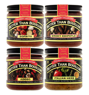 Better Than Bouillon Culinary Collection Base Variety Pack, 1 Sofrito Base, 1 Smoky Chipotle Base, 1 Adobo Base, 1 Italian Herb Base, 8 Ounce Jars (4 Ct)