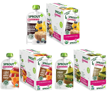 Sprout Organic Baby Food, Stage 2 Pouches, Carrot Apple Mango, Pear Kiwi Peas & Blueberry Banana Oatmeal Variety Sampler, 3.5 Oz