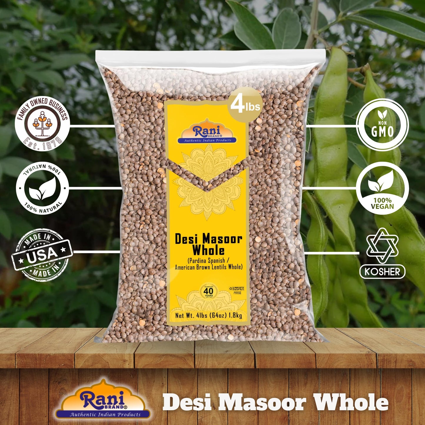 Rani Desi Masoor (Masur) Whole 64Oz (4Lbs) 1.81Kg (Aka. Pardina Spanish / American Brown Lentils Whole) Bulk ~ All Natural | Veg